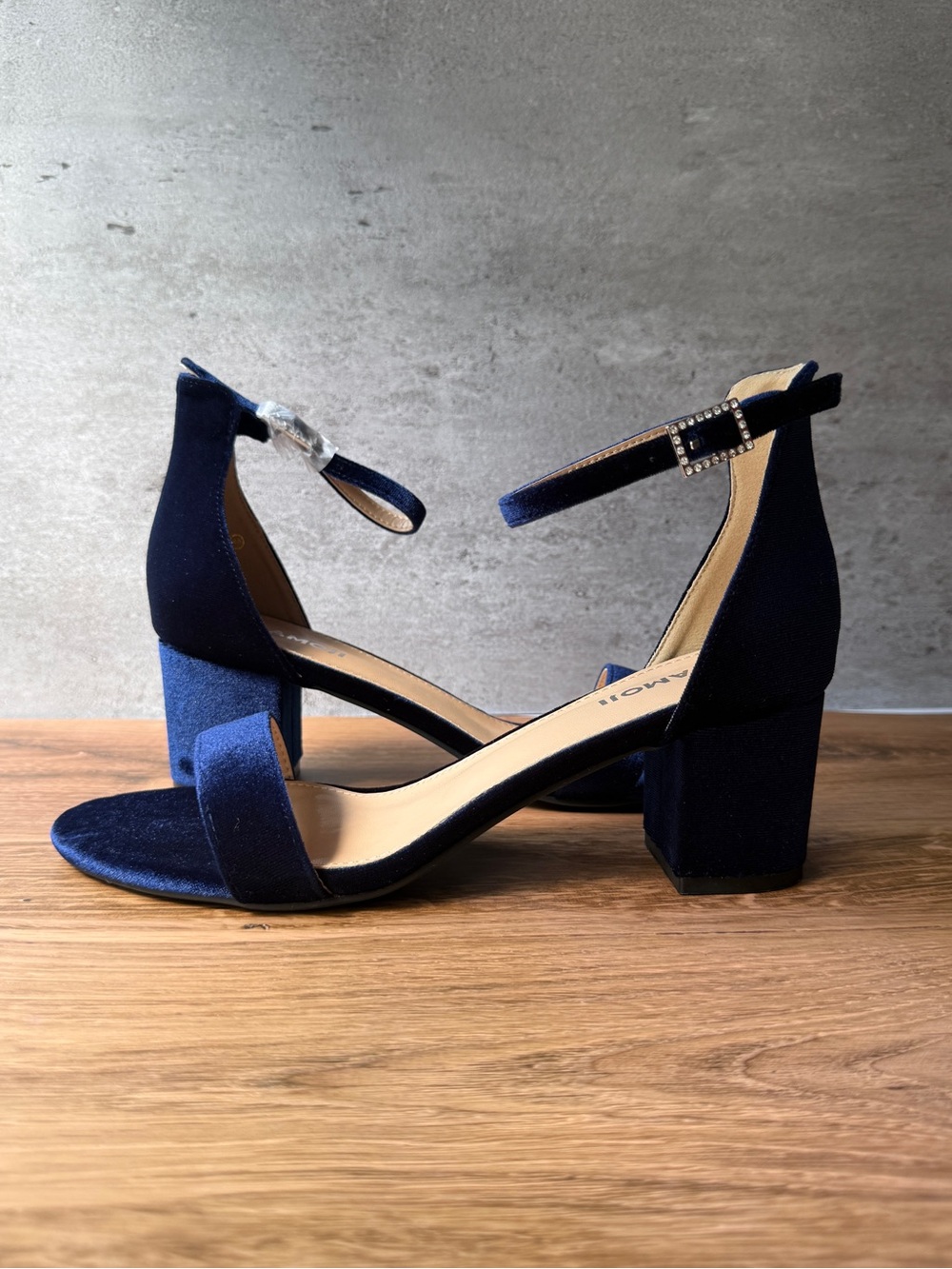 Velvet Block Heel Ankle Strap Sandals - Navy Jewel Toned - BNIB